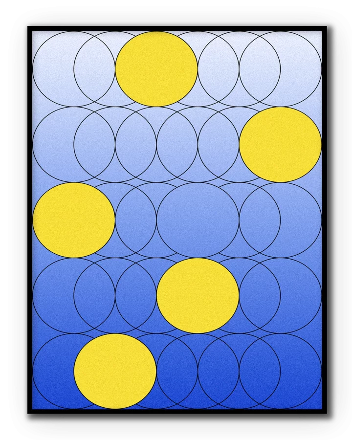 Obra geométrica contemporánea Órbitas de BORRO con círculos azules y amarillos en composición abstracta moderna